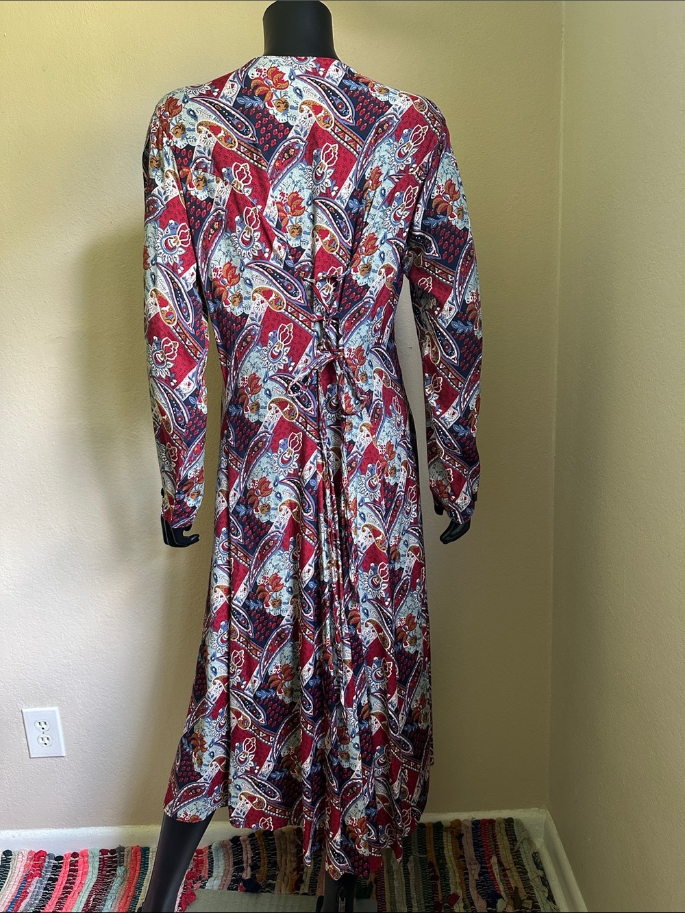 Vintage Erika Burgundy Paisley Button-Front Lace-Up Back Long Sleeve Maxi Dress - Picture 9 of 16